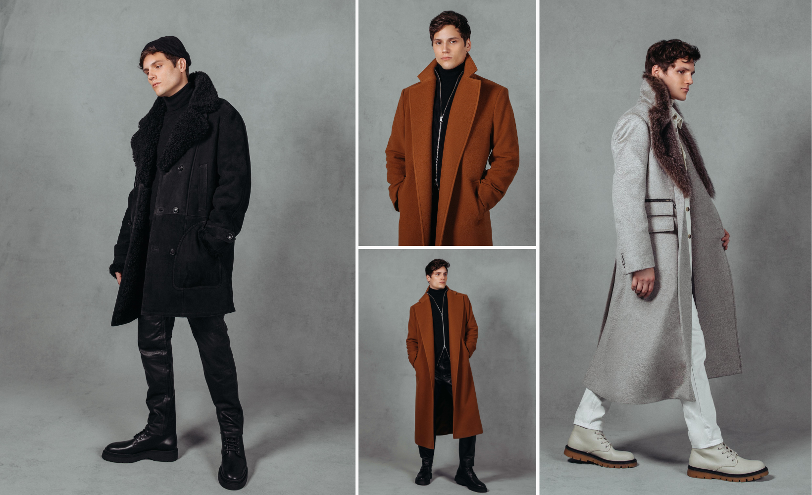 From left to right; Foster: This contemporary reversible button-front Toscana shearling coat offers stylish warmth. 35" long. Oversized spread collar. Comfortable fit in the shoulders and chest, straight cut through the torso when worn wool in. Looser fit in the shoulders, chest and torso when worn wool out. 5962: Cognac. Wool. Single Breasted, Notch Collar with Welt Pockets 50 inch length. 5960: ALPACA SILVER WITH RACCOON. Wool. Double Breasted, Raccoon Notch Collar and 3 Flap Pockets 50 inch length.