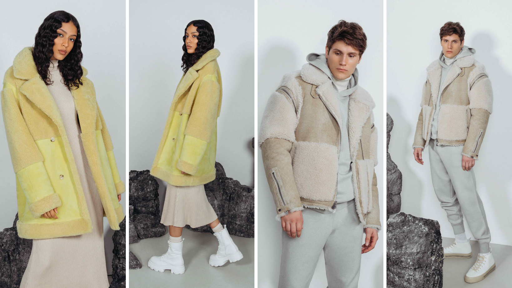 From left to right; Urban: CANARY NAPPA CURLY. Shearling. Reversible. Oversized loose fitted style. Relaxed shoulder. Deep armhole and wide sleeves. Straight cut through torso. 33 in. Wolfe: CEMENT VINTAGE CURLY SUEDE. Shearling. Fits true to size, Fits comfortably across the shoulders, Tapered fit through the torso, Collar with buckles, Interior zipper pocket, 26 in.  