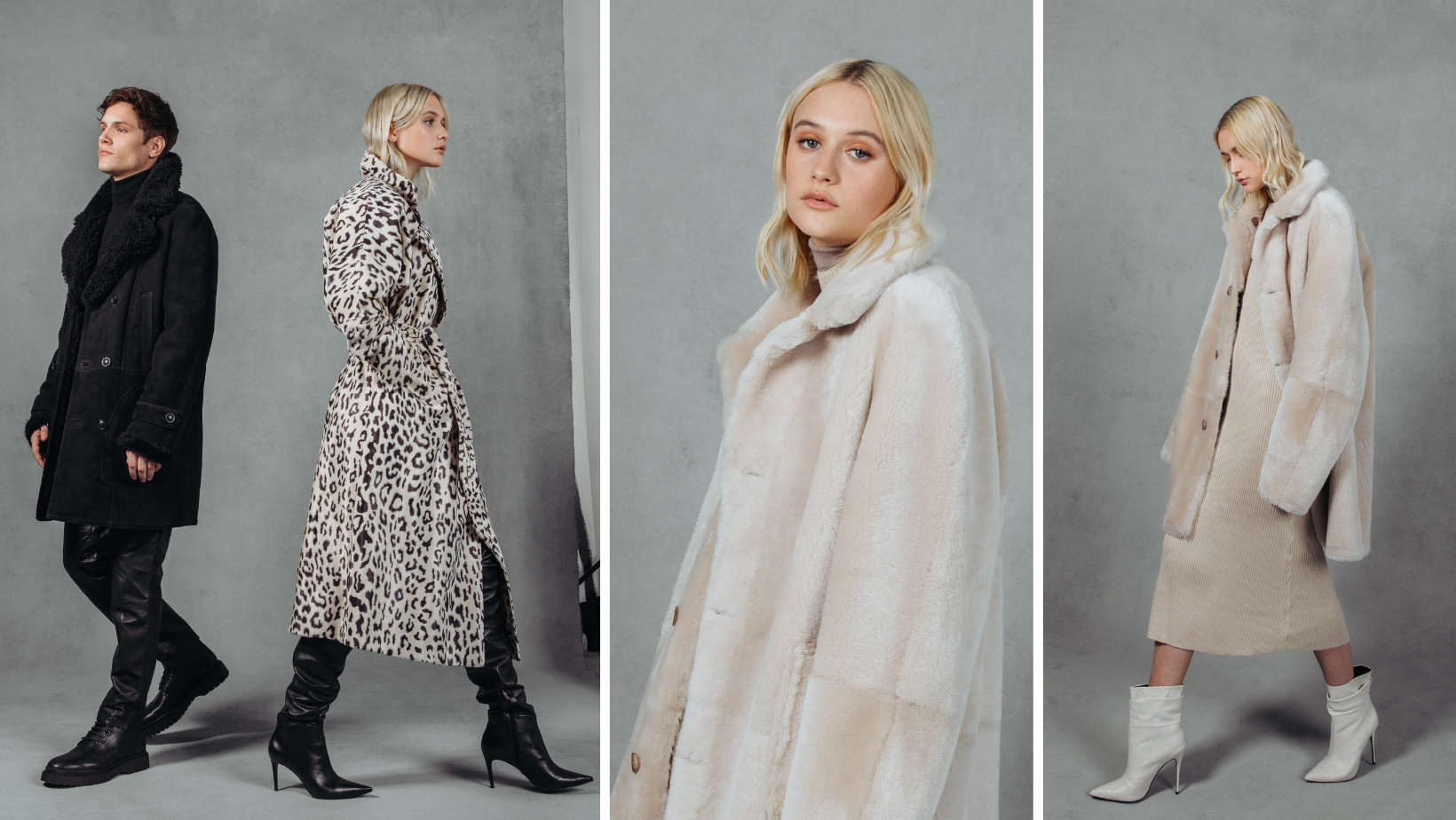 From left to right; Foster: reversible button-front Toscana coat, 35" long. Oversized spread collar. Comfortable fit in the shoulders and chest. Looser fit in the shoulders, chest and torso. 2158: Leopard, wrap style coat. 48' length Kimono sleeves and large notch collar. Molison: Cement Vintage Curly Suede. Fits true to size, Reversible, Comfortable fit in the shoulders and chest, straight cut through the torso when worn wool out, Fits trimmer when worn wool in, 35 inch Length Unisex.  