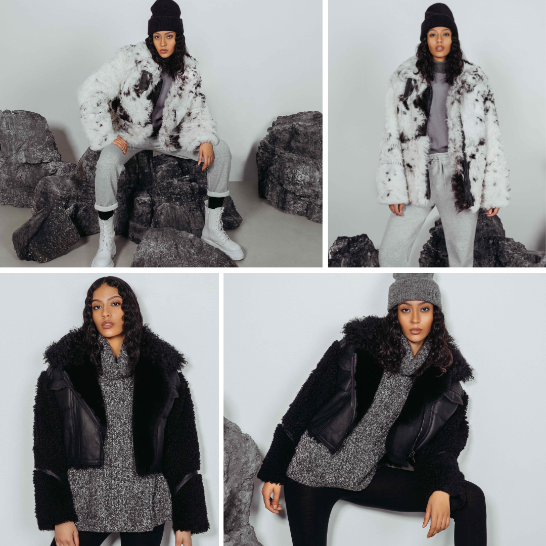 From top to bottom, left to right; Ready: BLACK AND WHITE PINTO SILKY NAPPA CURLY TOSCANA. Shearling. Reversible. Fits comfortably across the shoulders, loose-fit through the torso. Relaxed armholes. 28 in. Pushkin: zip-front shearling jacket with Toscana-trimmed collar shearling sheepskin, with lush Toscana trim. Oversized fit. 20 in long.  