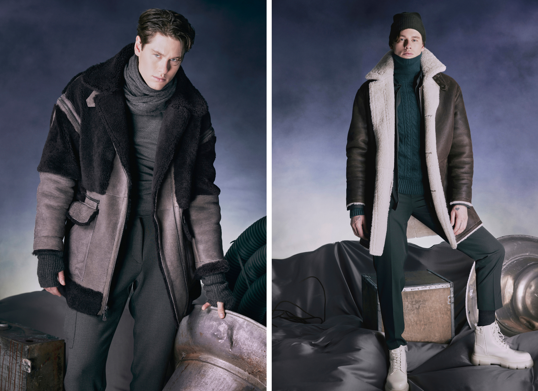 From left to right: Guardian: 34' wool in wool panels. Converts to vest with zip off sleeves. This zip-front black coat. Oversized notched collar, Interior zipper pocket. Chance: Arabica nappa coat which reverses to a curly wool teddy. Fits true to size. Fits comfortably across the shoulders, loose-fit through the torso. 37 in long. Zip closure & button closure, notch collar. Slash pockets on nappa side & patch pockets on curly wool side.