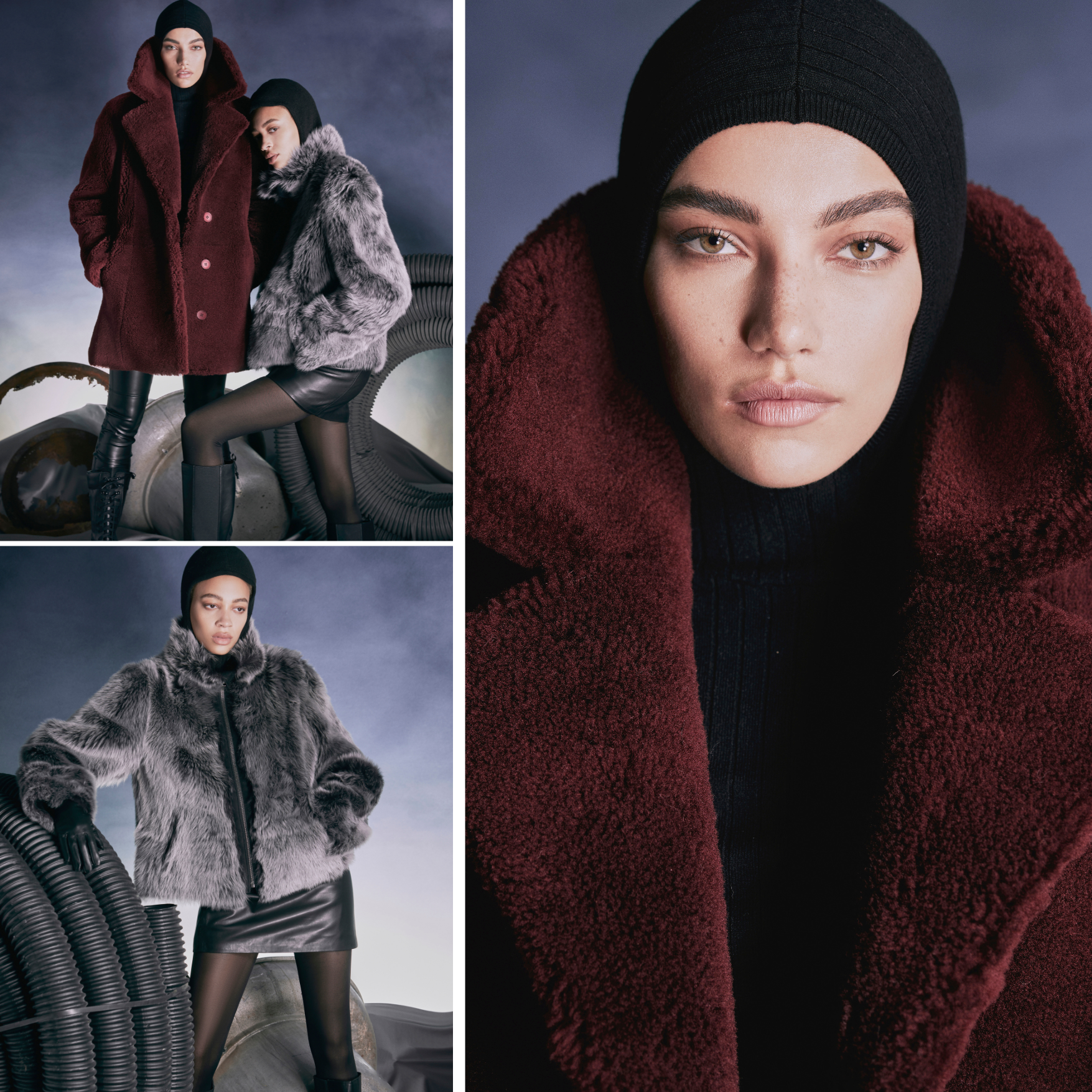 From top to bottom, left to right; Hope: Black Brisa Toscana wool out shearling bomber Nappa trim detail Regular shoulder Zip closure Slash pockets. Tempo: burgundy curly wool notched collar coat crafted from Spanish shearling. 