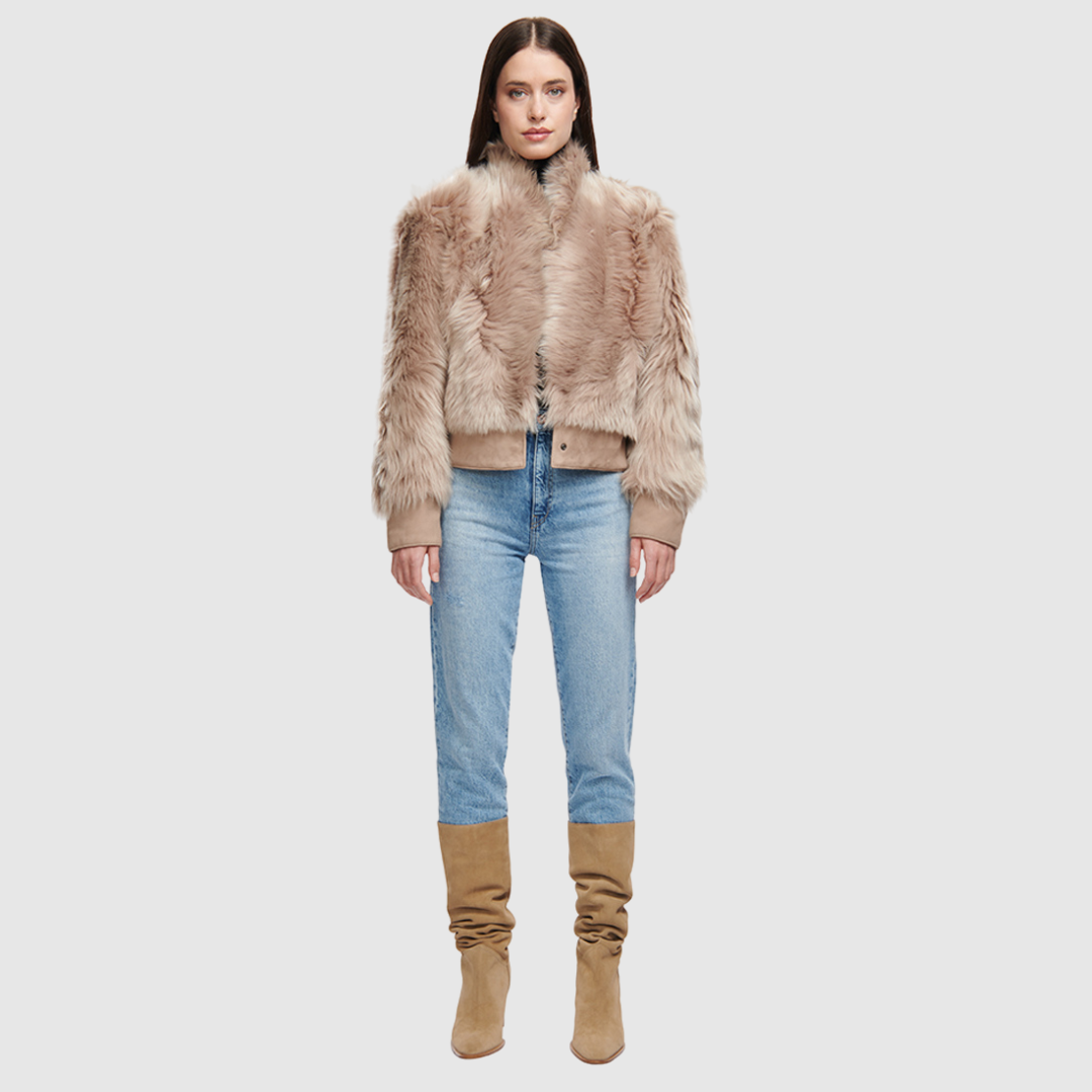 Cropped toscana wool bomber Oversized shoulders Stand collar Fully lined Slash side pockets Hook closure