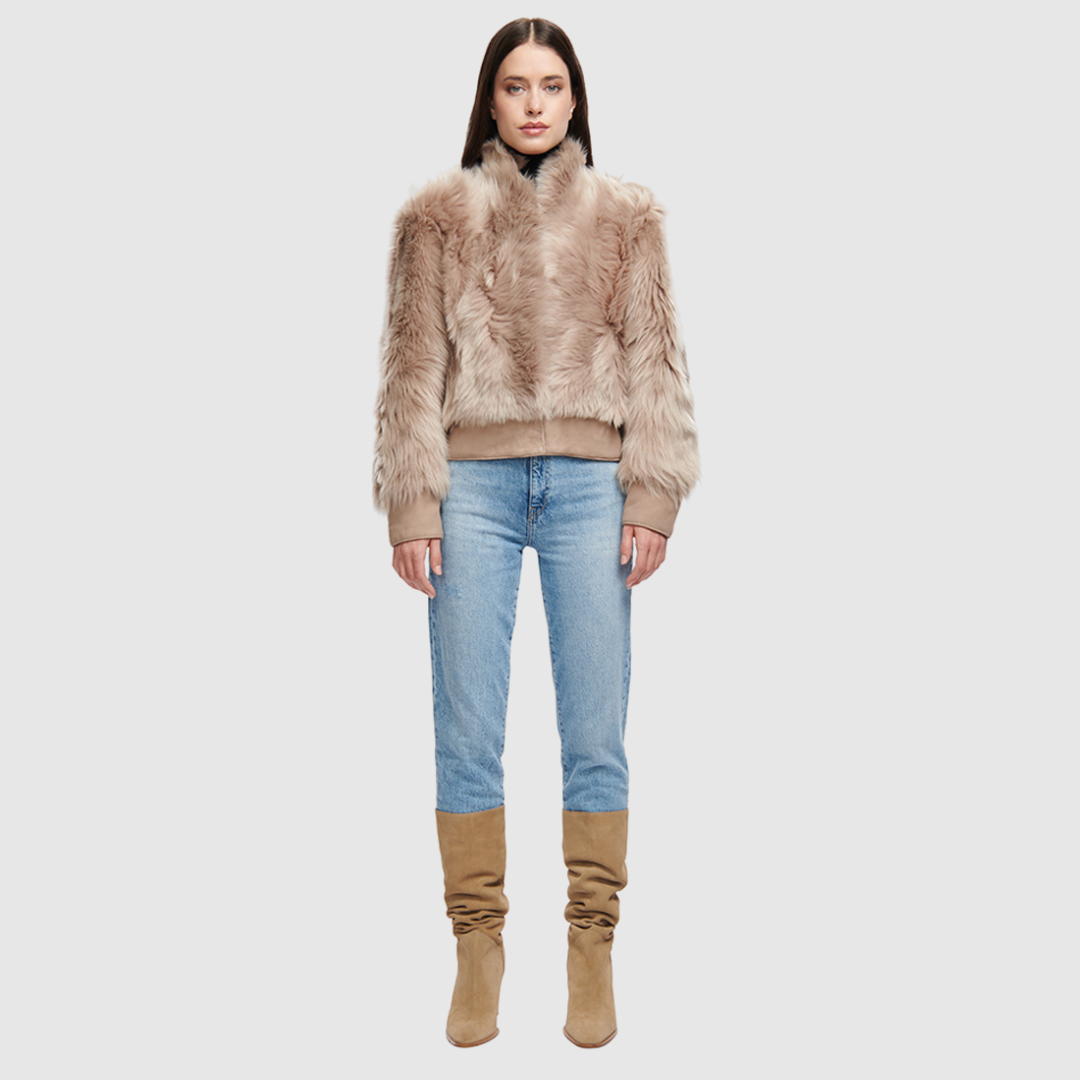 Cropped toscana wool bomber Oversized shoulders Stand collar Fully lined Slash side pockets Hook closure