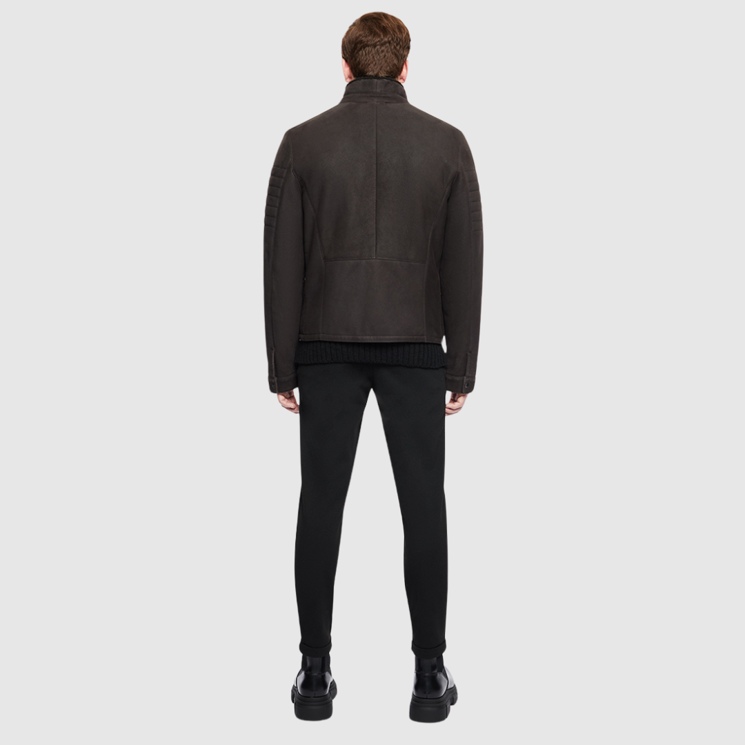 Semi suede moto jacket Regular shoulder Comfortable fit through arms and chest Zip stand collar Ribbed detailing on side of sleeves Zip side pockets Front zip closure