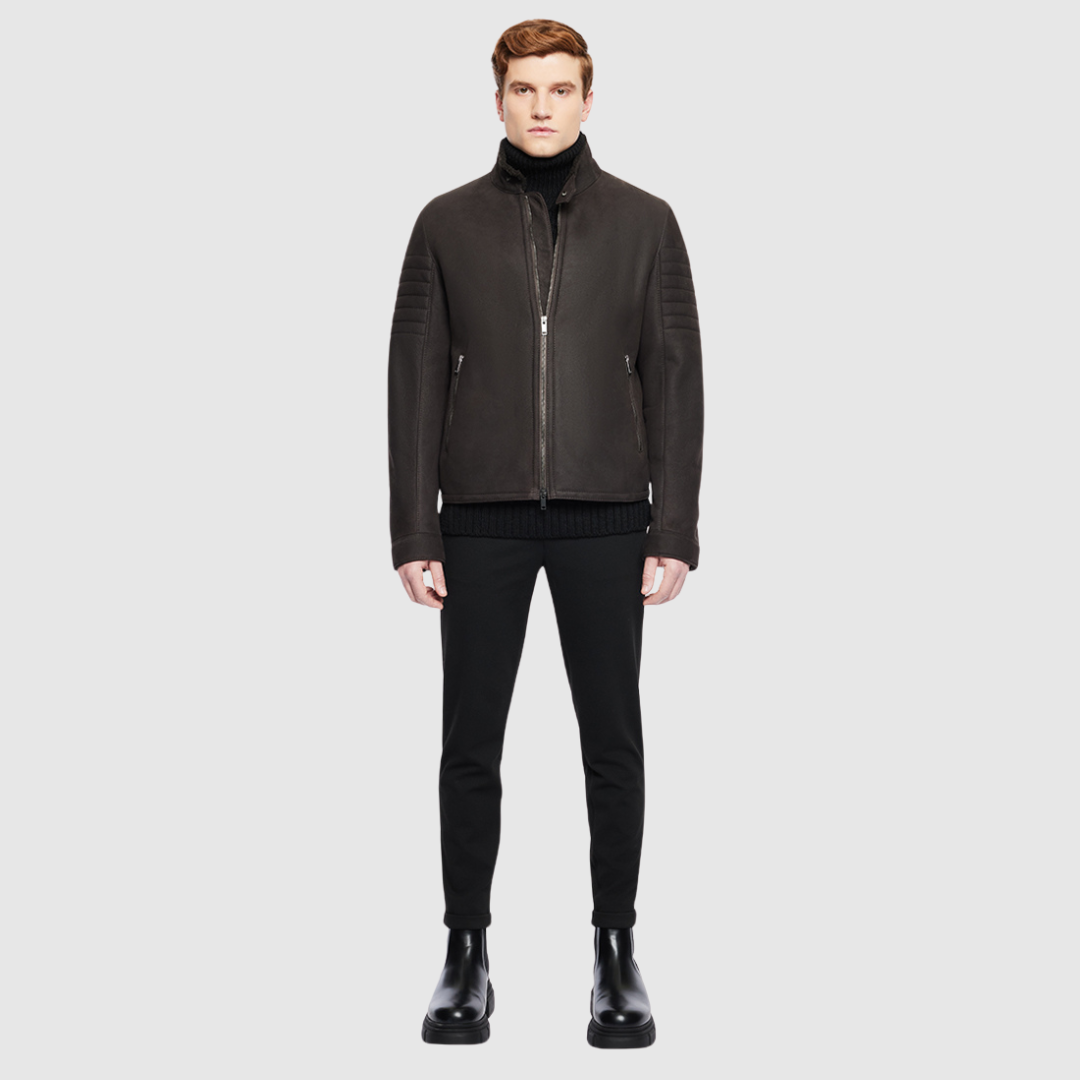Semi suede moto jacket Regular shoulder Comfortable fit through arms and chest Zip stand collar Ribbed detailing on side of sleeves Zip side pockets Front zip closure