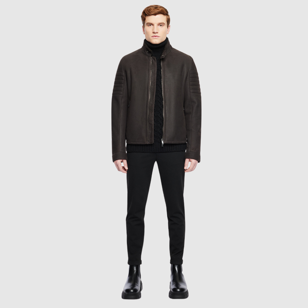 Semi suede moto jacket Regular shoulder Comfortable fit through arms and chest Zip stand collar Ribbed detailing on side of sleeves Zip side pockets Front zip closure