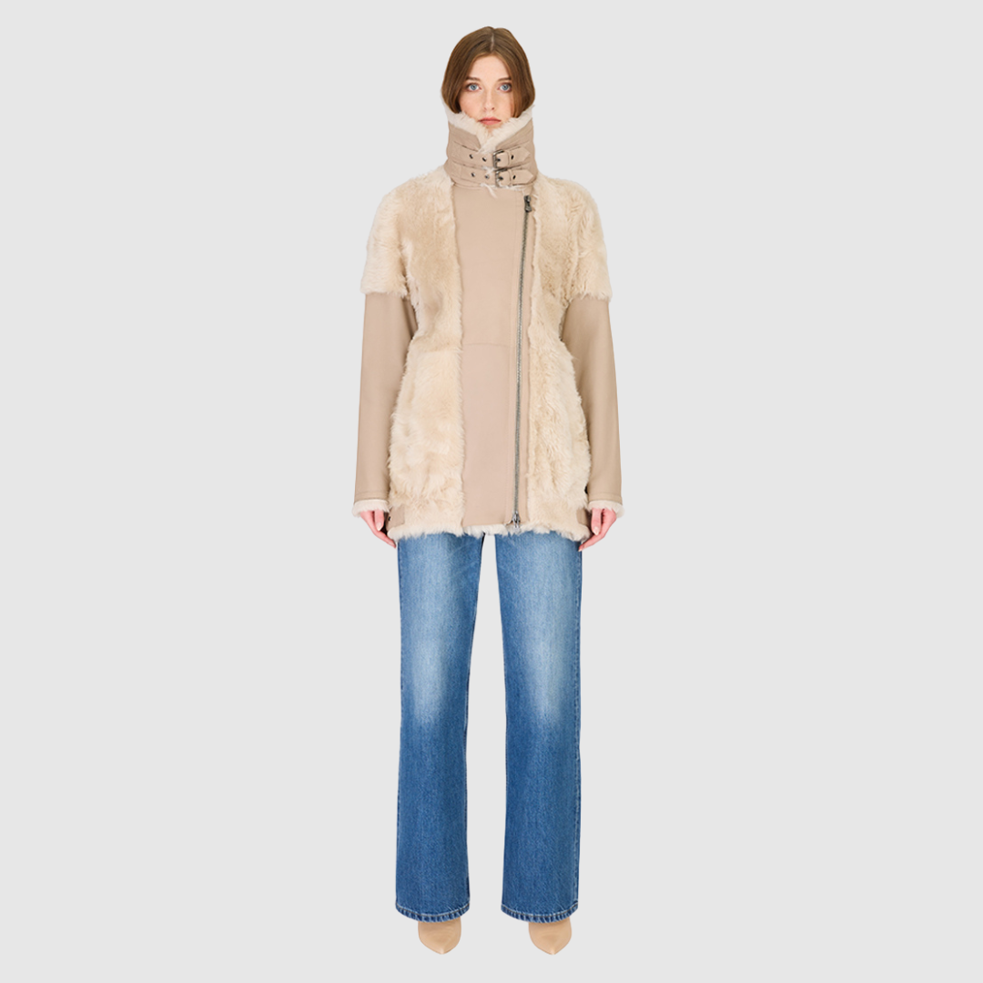 Mixed media nappa moto Contrast toscana wool detailing on shoulders and body Large curly toscana notch collar Relaxed fit through shoulder and torso Buckle detailing on collar and bottom trims Side and interior zip pockets Asymmetrical front zip closure