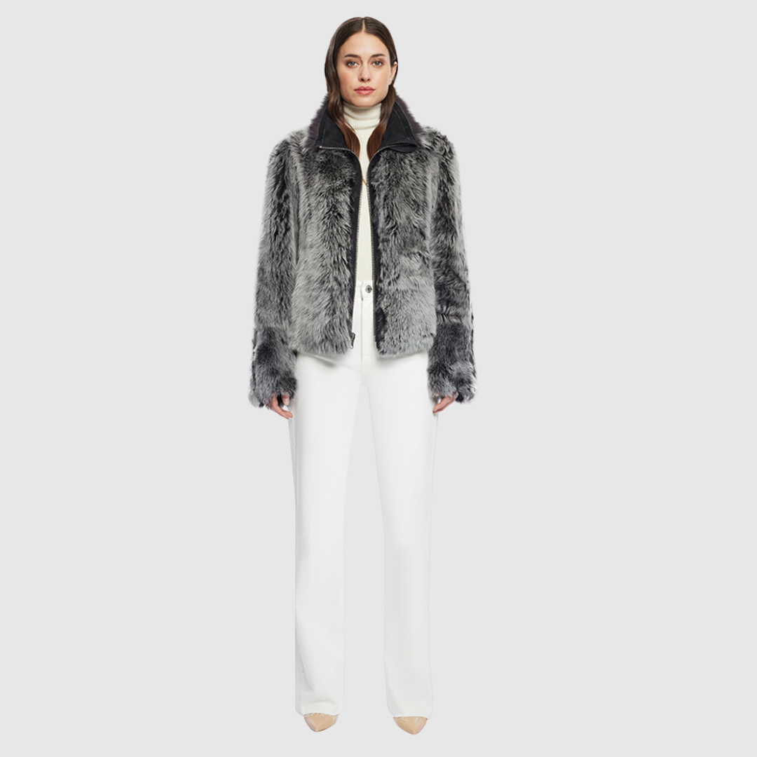 Cropped wool-out toscana teddy Reverses to a suede-out jacket Relaxed shoulder Spread collar Slash side pockets Front zip closure