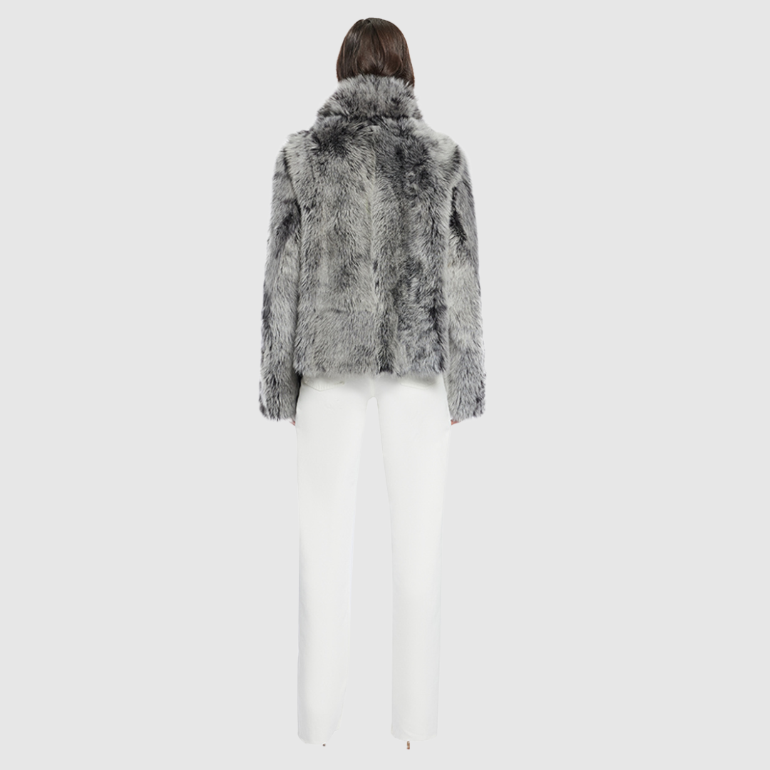 Cropped wool-out toscana teddy Reverses to a suede-out jacket Relaxed shoulder Spread collar Slash side pockets Front zip closure