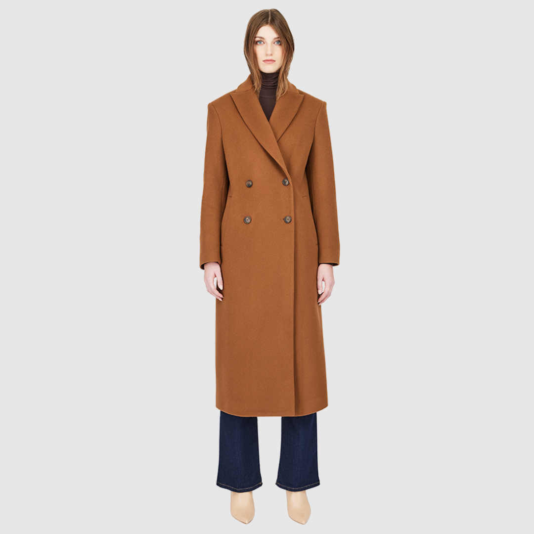 Italian wool cashmere blend Double breasted Fitted through shoulders and arms, looser through torso Spread collar Back vent Single welt pockets