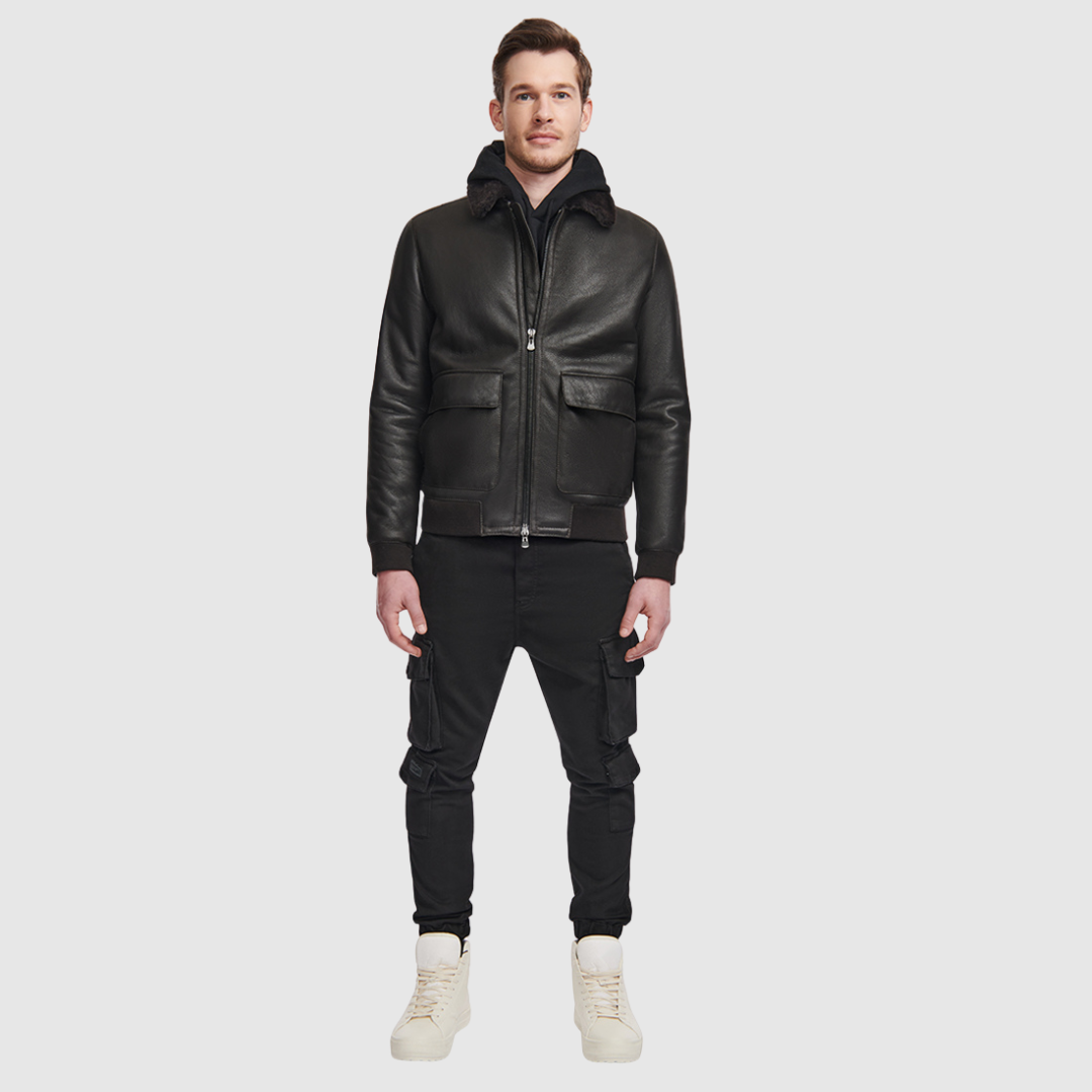 Shearling nappa bomber  Fits true to size Standard zip closure Spread collar Large flap pockets Rib cuffs and waistband Interior zip pocket