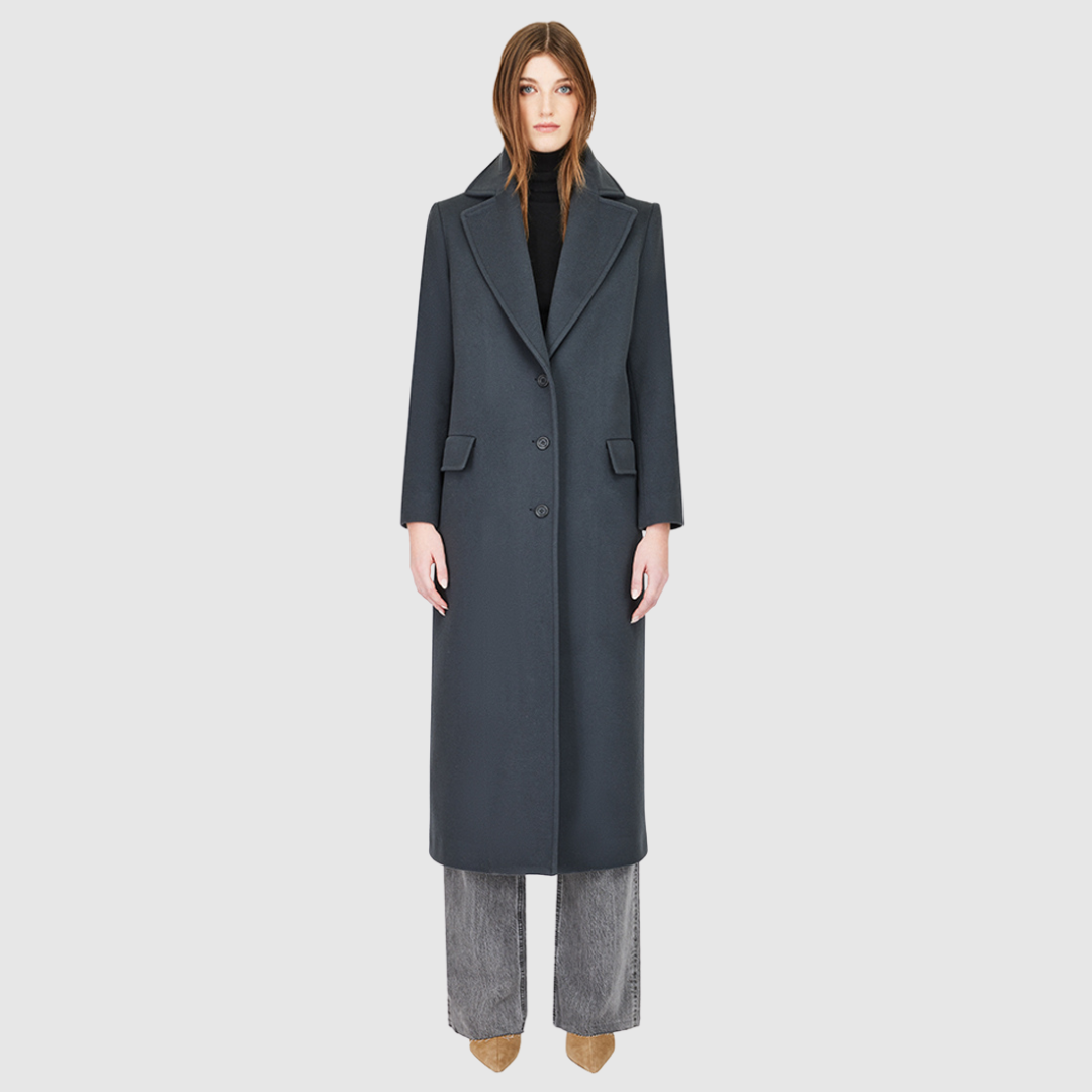 Italian wool cashmere blend Single breasted Semi-fitted fit through shoulders and arms, looser through torso Notch collar Back vent Single welt flap pockets