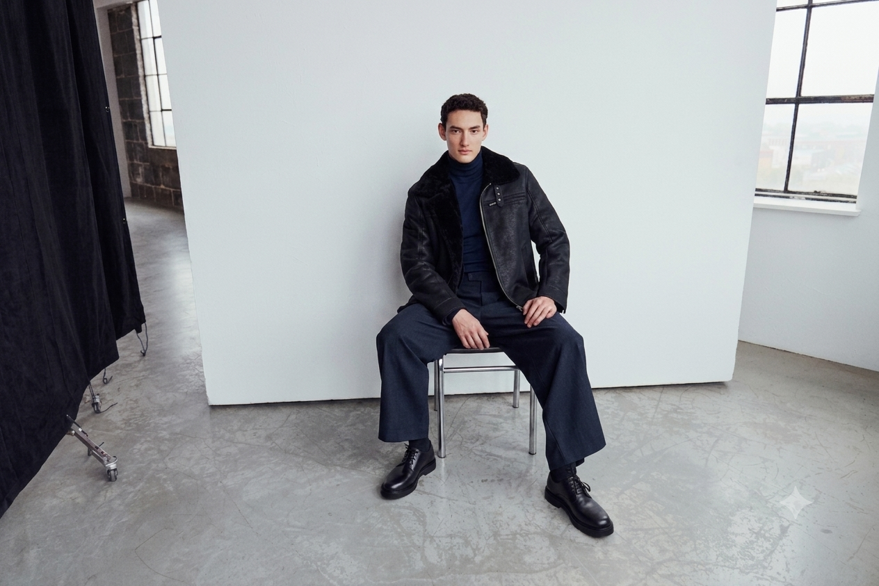 The ARIES Jacket is a heritage-inspired shearling moto crafted in jet black cracked nappa leather with plush curly wool on the interior. Designed for a structured silhouette with regular shoulders and a clean hem, ARIES combines rugged edge with refined texture. Functional welt pockets, a zip chest pocket, and a front zip closure make this jacket as practical as it is versatile, perfect for cold-weather layering or elevated city styling.
