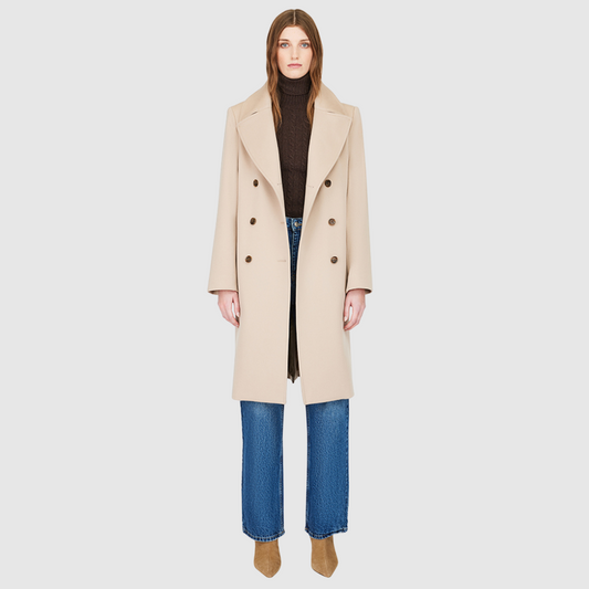 Loro Piana superfine wool Trench Double breasted Semi-fitted through shoulders and arms, looser through torso Notch collar Back vent Single welt pockets