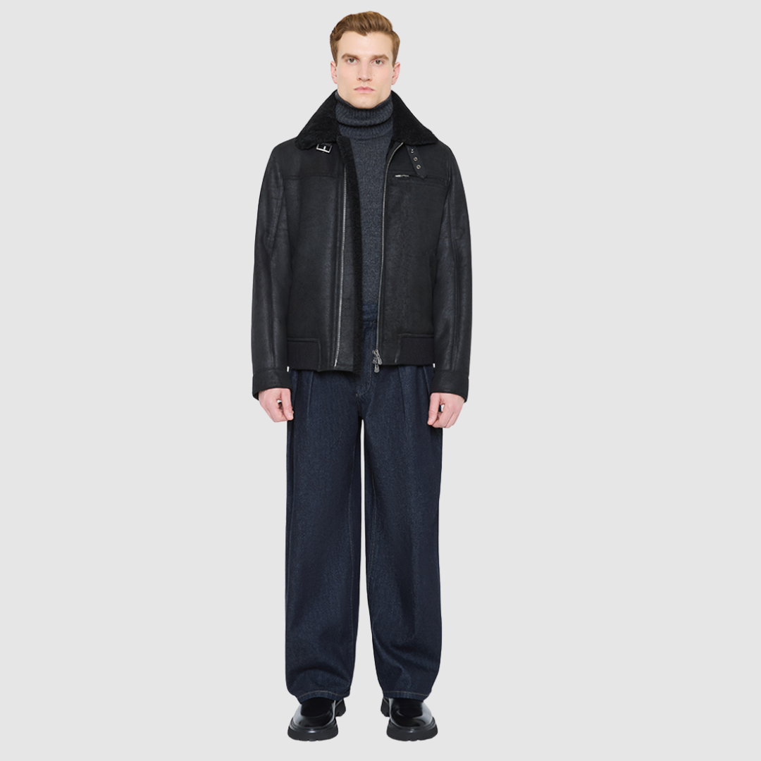 Aries Jet Mojito Shearling Bomber Jacket on model, showcasing luxury winter coat with warm layers, high quality design.
