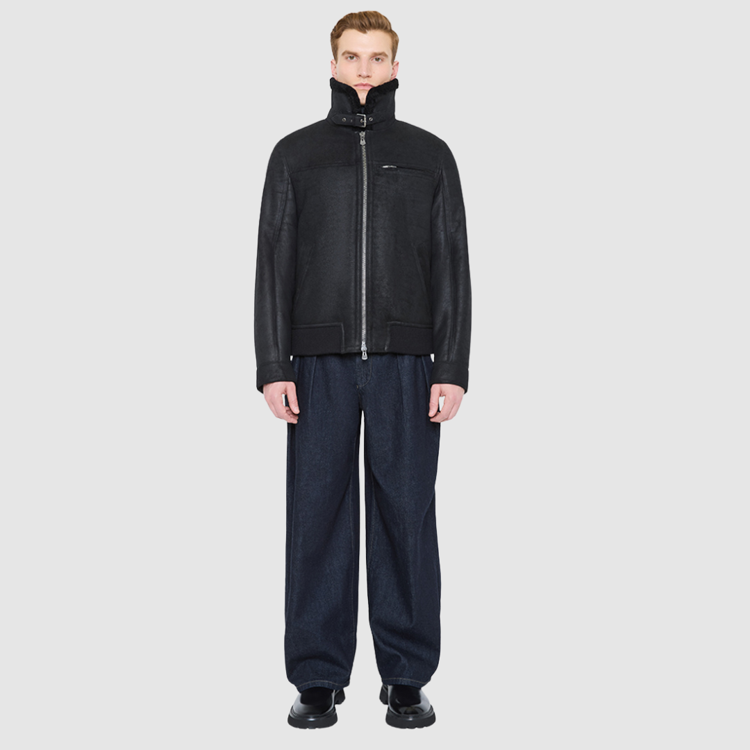 Aries Jet Mojito Shearling Bomber Jacket displayed on a model, showcasing luxury winter warmth and high-quality craftsmanship.