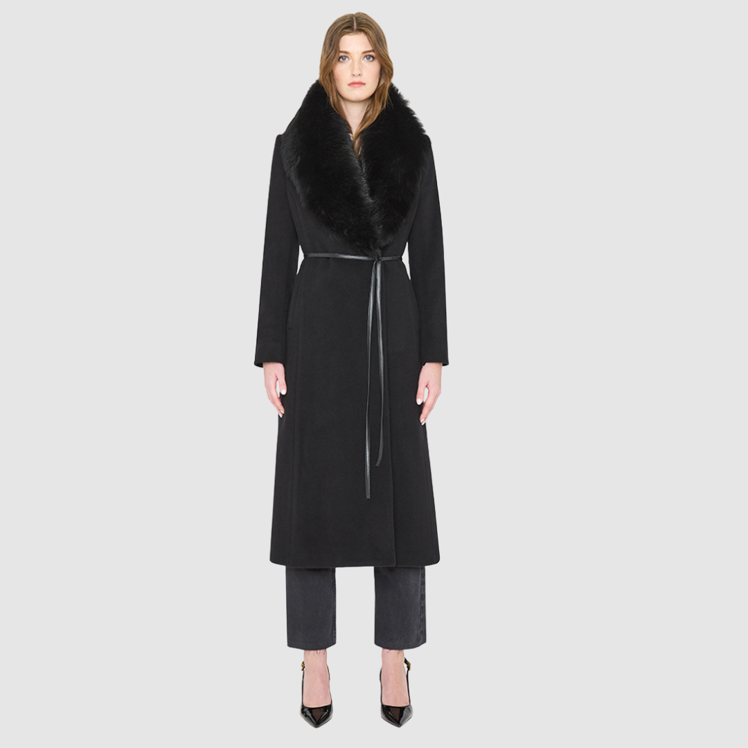Model wearing an ESTELLE Black Wool Coat with plush shearling collar, perfect for warm winter layers and luxury coats.