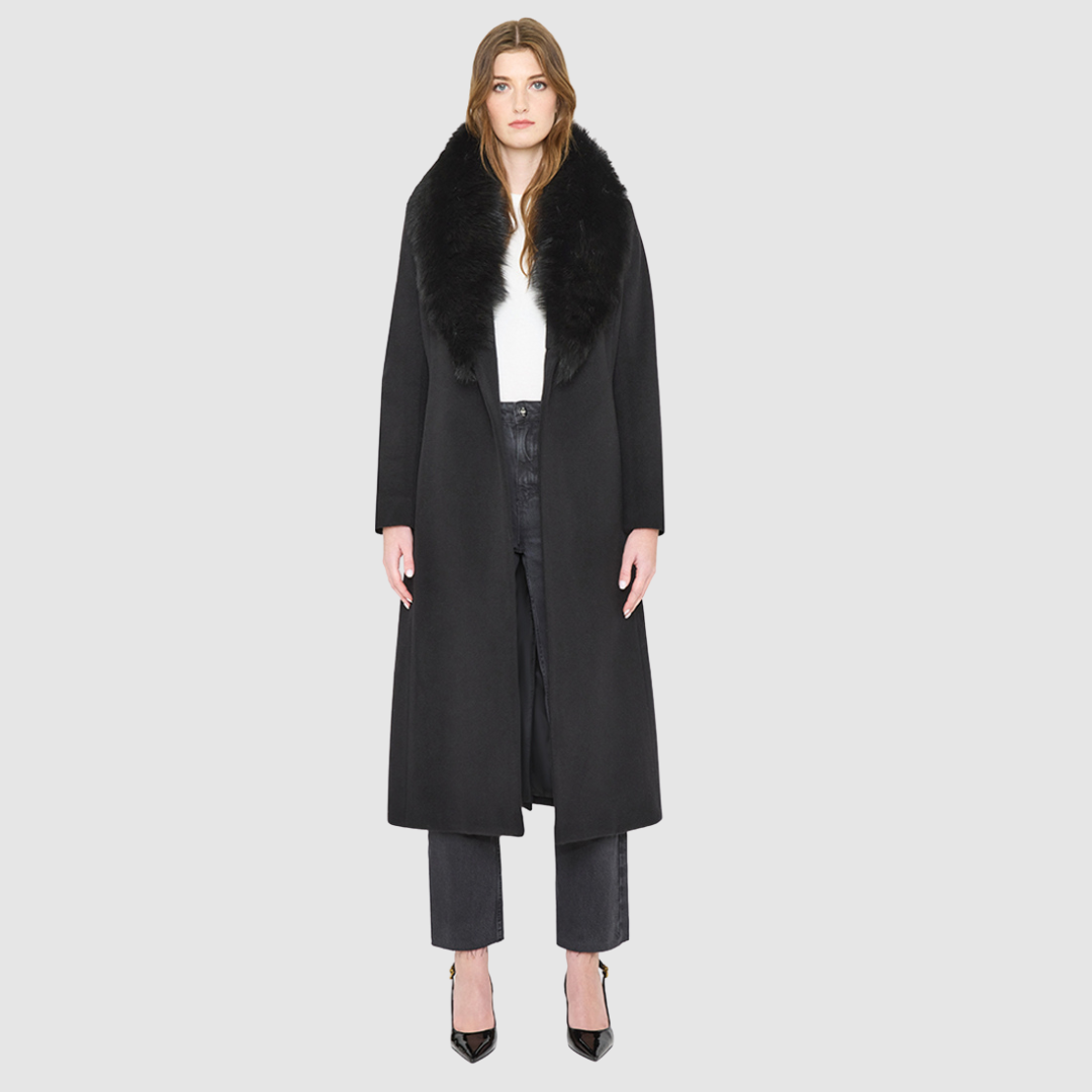 ESTELLE Black Wool Coat with shearling collar, perfect for luxury winter layers and warmth.