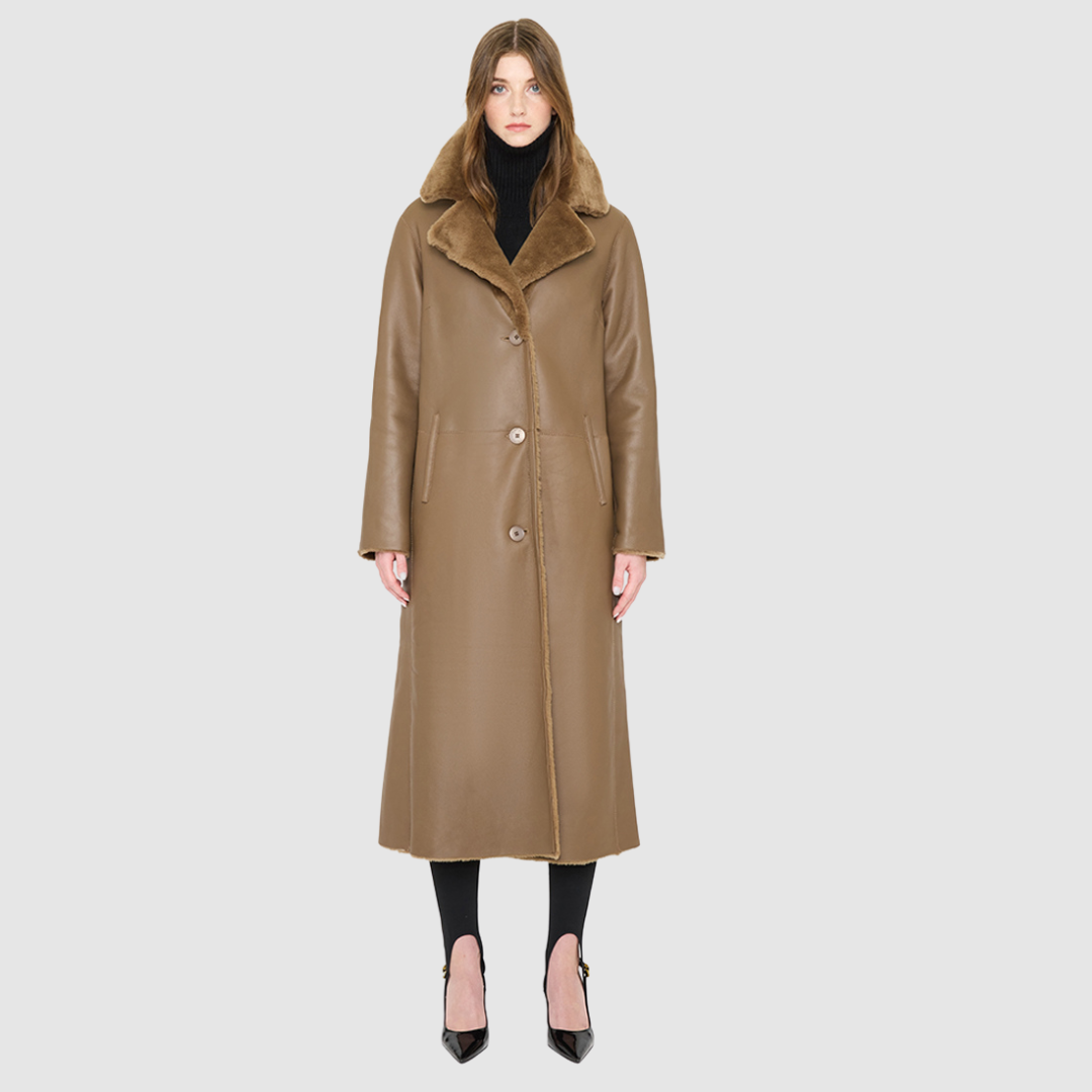 Savvy Craft reversible shearling winter coat with a plush iron wool interior and oversized notch collar.