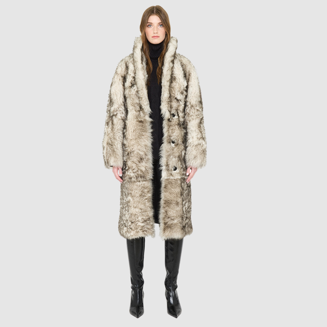Magic Shadow Shearling Coat in multi-tonal wool shearling, stylish winter layer for luxury warmth.