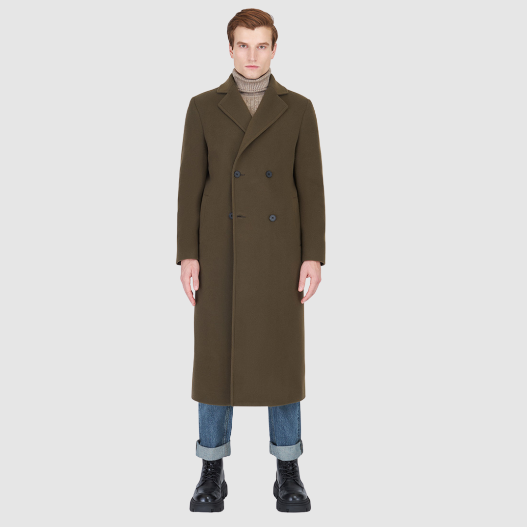 Atlas Olive Wool Coat showcased on a model, perfect for warm winter layers and luxury coats.