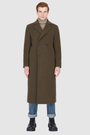 Atlas Olive Wool Coat showcased on a model, perfect for warm winter layers and luxury coats.
