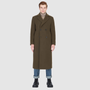 Atlas Olive Wool Coat showcased on a model, perfect for warm winter layers and luxury coats.