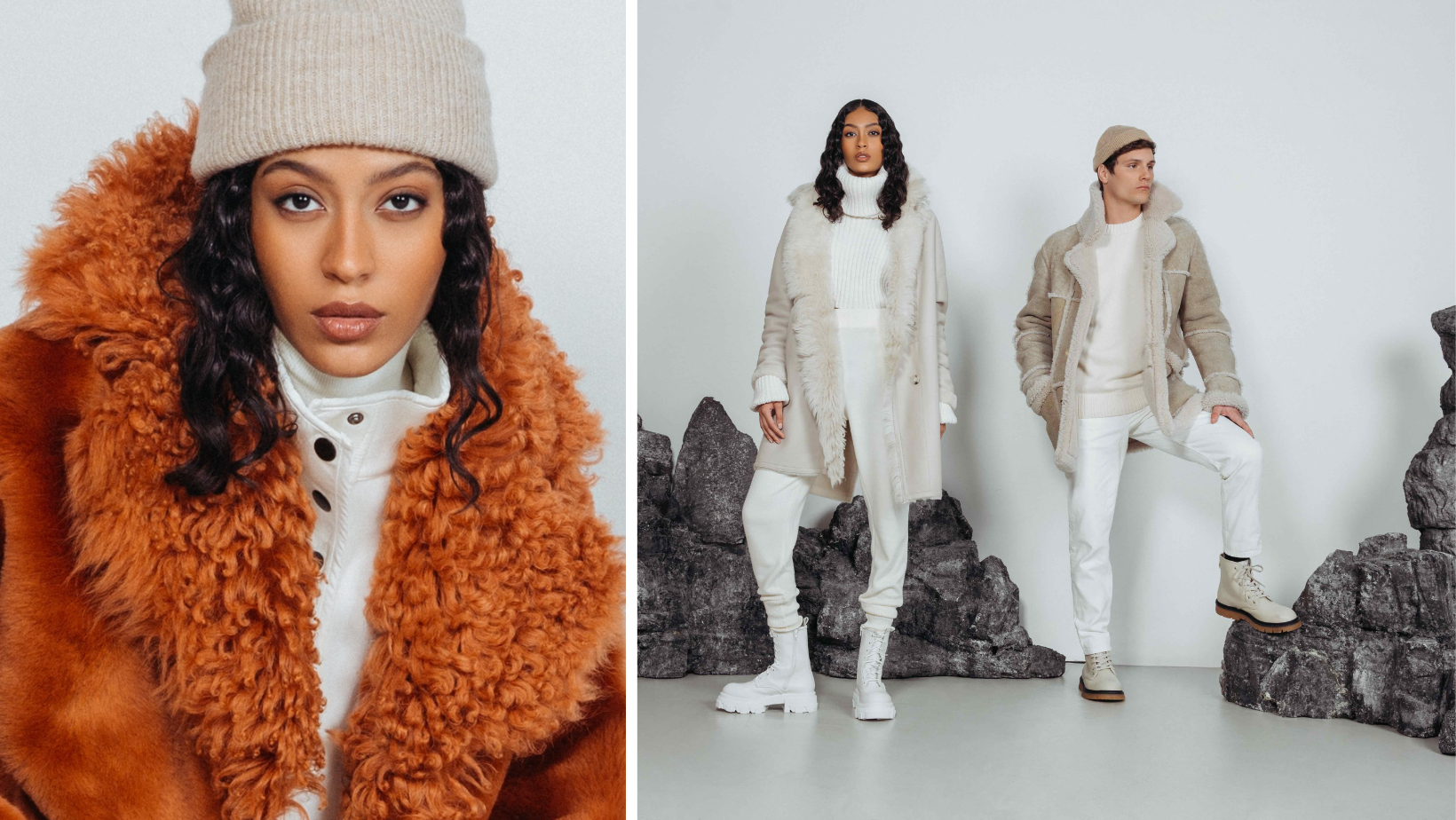 FW21 Campaign. From left to right; Alice: umber coloured curly reversible shearling coat  reverses to Toscana sheepskin side. August :IVORY NAPPA MERINO TOSCANA.Reversible. Dropped shoulder. Relaxed armhole and sleeve, loose-fit through the torso. 36 in. Lyle:  Cement Colour. Fits true to size, Reversible. Comfortable fit in the shoulders and chest, straight cut through the torso. Looser fit in the shoulders, chest and torso when worn wool out,Reversible, Notch lapel, Interior zipper pockets, 31 in.