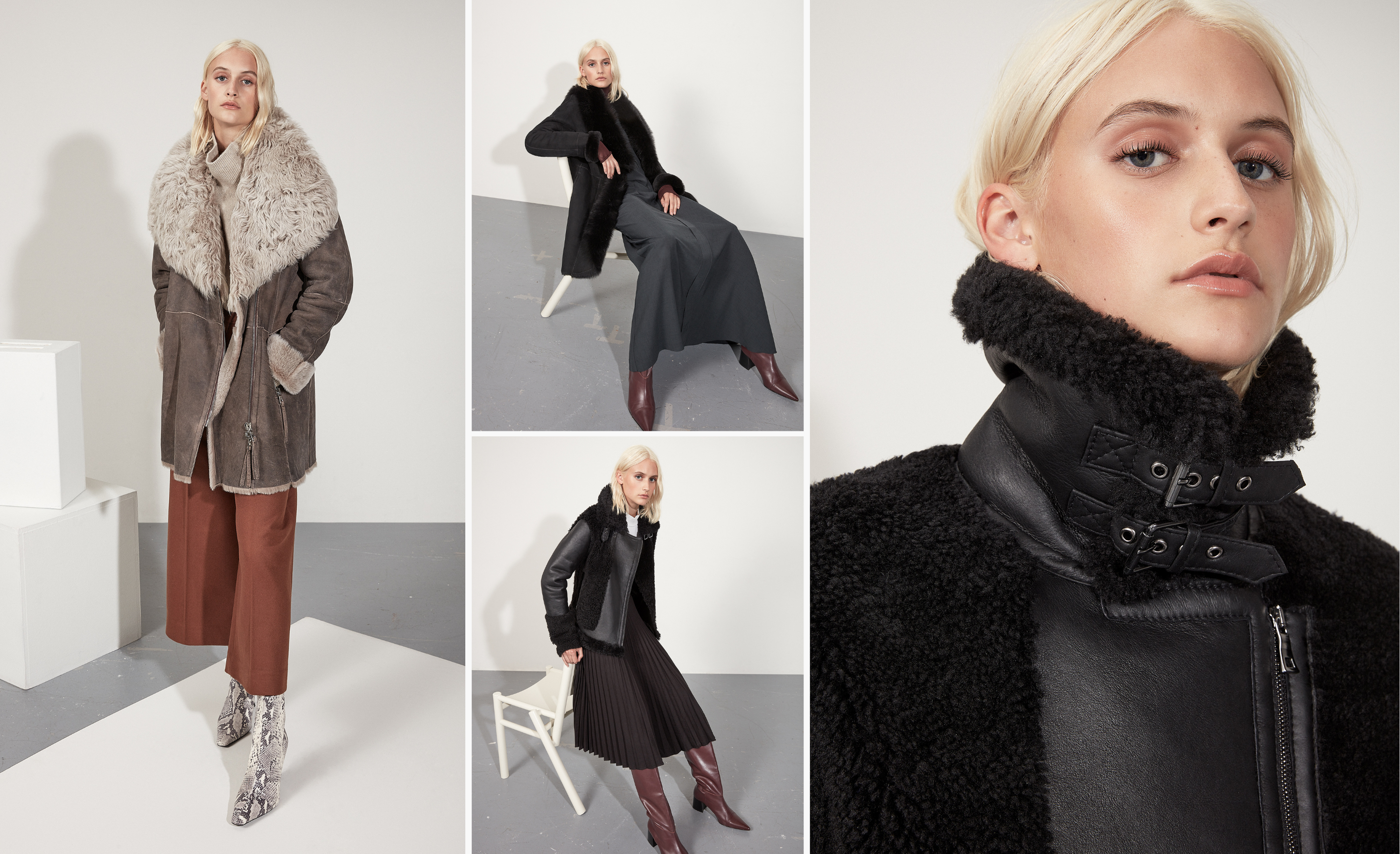 From left to right, top to bottom: Toni: suede jacket with oversized curly toscana shawl collar, Dropped shoulder.Asymmetrical front zip.Luss: Black suede with long toscana shawl collar.. Zip interior pocket.Asymmetrical button closure.Soul:nappa moto with curly Wool trims and collar, buckle detail on sleeve cuff, Asymmetrical zip