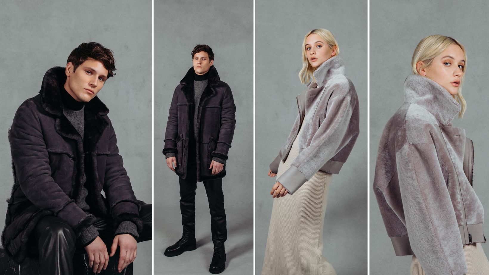 From left to right: Rebel: Black Nappa Ironed Wool. Shearling. Fits true to size, Reversible. Comfortable fit in the shoulders and chest, straight cut through the torso when worn wool in. Looser fit in the shoulders, chest and torso when worn wool out. Notch lapel, Interior zipper pockets, 34 inch Length. Calm: NIMBUS NAPPA SHORT WOOL. Shearling. Reversible. Long sleeves with relaxed deep armhole. Pull through pockets. 20 inch length. 