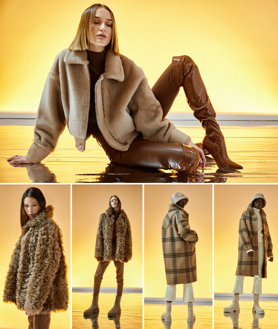 From top to bottom, left to right: Bean: shearling bomber Nappa trim detail Zip closure Slash pockets.Milky way: curly reversible shearling coat Nappa exterior, reverses to curly wool toscana. Button front, with slip pockets on either side. 2281: Relaxed fit, drop shoulder Shirt collar and sleeve Single breasted Button closure Angled welt pockets Italian wool cashmere blend.