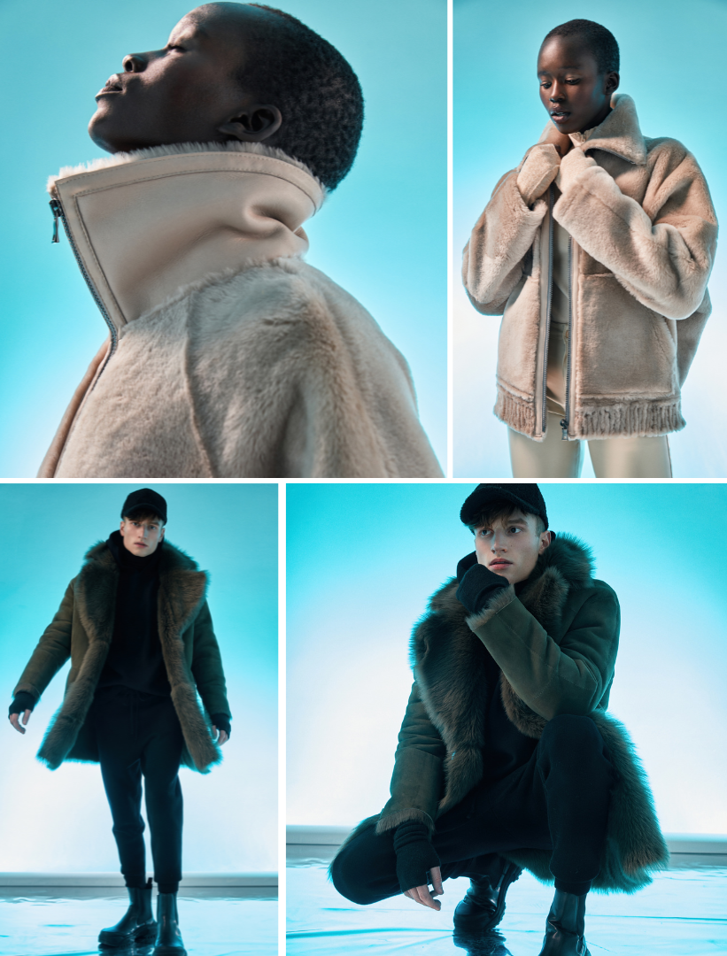 From top to bottom, left to right: Zodiac: Ironed wool shearling. Long sleeves with relaxed deep armhole. 20 inch length. Drop shoulder.Scorpio:reversible shearling coat 33" long Nappa exterior, which reverses to Toscana sheepskin side. Button front, with slip pockets on either side.