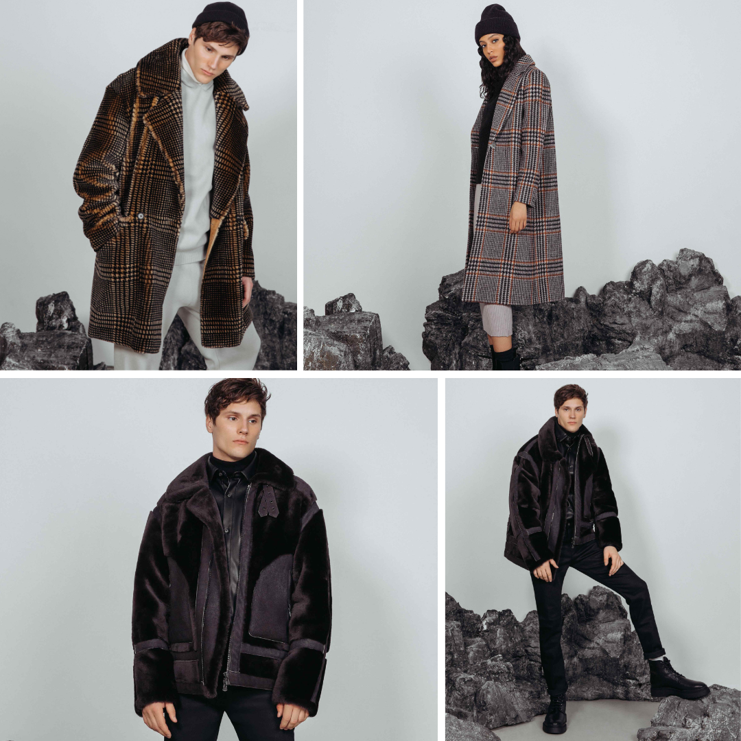 From top to bottom, left to right; Kosh: GLEN PLAID MOUTON. Shearling. Relaxed fit. Fits comfortably across the shoulders, loose-fit through the torso. Worn with Mouton side out and lining. 36 in. 2509: elongated plaid wool coat, relaxed style. 47" long. Front button closure, peaked lapels. Front welt pockets. Lined. Rodriguez: Jet black Zip-front Spanish sheepskin coat, 29" Oversized spread collar, Collar tabs with belt-loop closure, Two way zipper, Interior zipper pocket.  