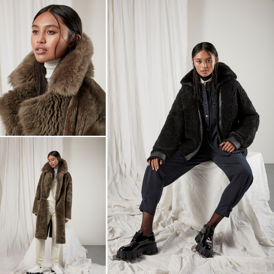 From left to right: Cartier: sage curly wool with curly toscana collar. Reversible. Dropped shoulder fits comfortably though the shoulders. Loose fit through the torso 43 inches. Trixie: Black curly wool bomber with nappa leather details around sleeve cuff and torso. Zipper closure. Curly wool out side reverses to a nappa leather jacket. 