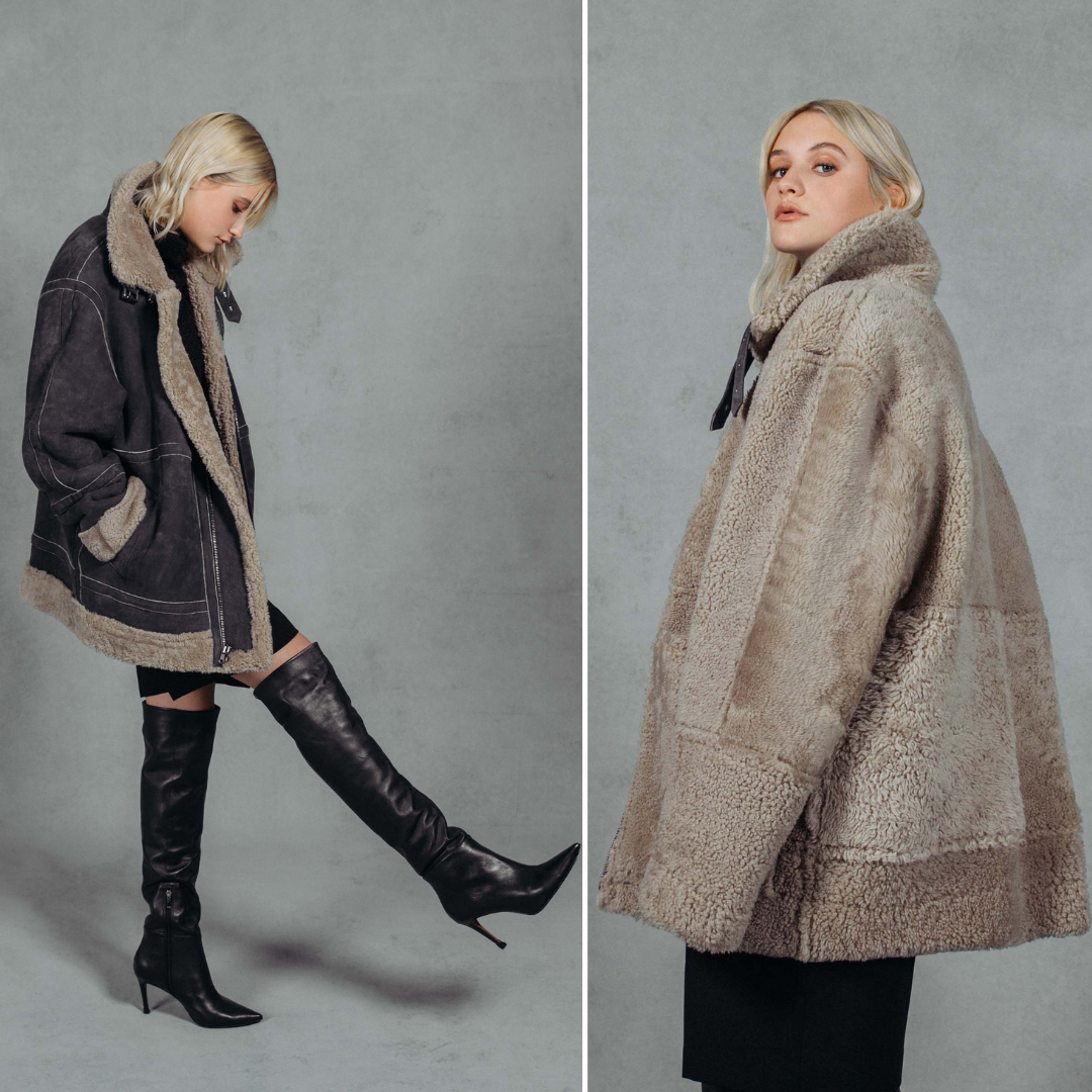 Jenna reversible: Black Beige. Shearling. Reversible. Fits comfortably across the shoulders, loose-fit through the torso. Relaxed armholes. 32 inch length.