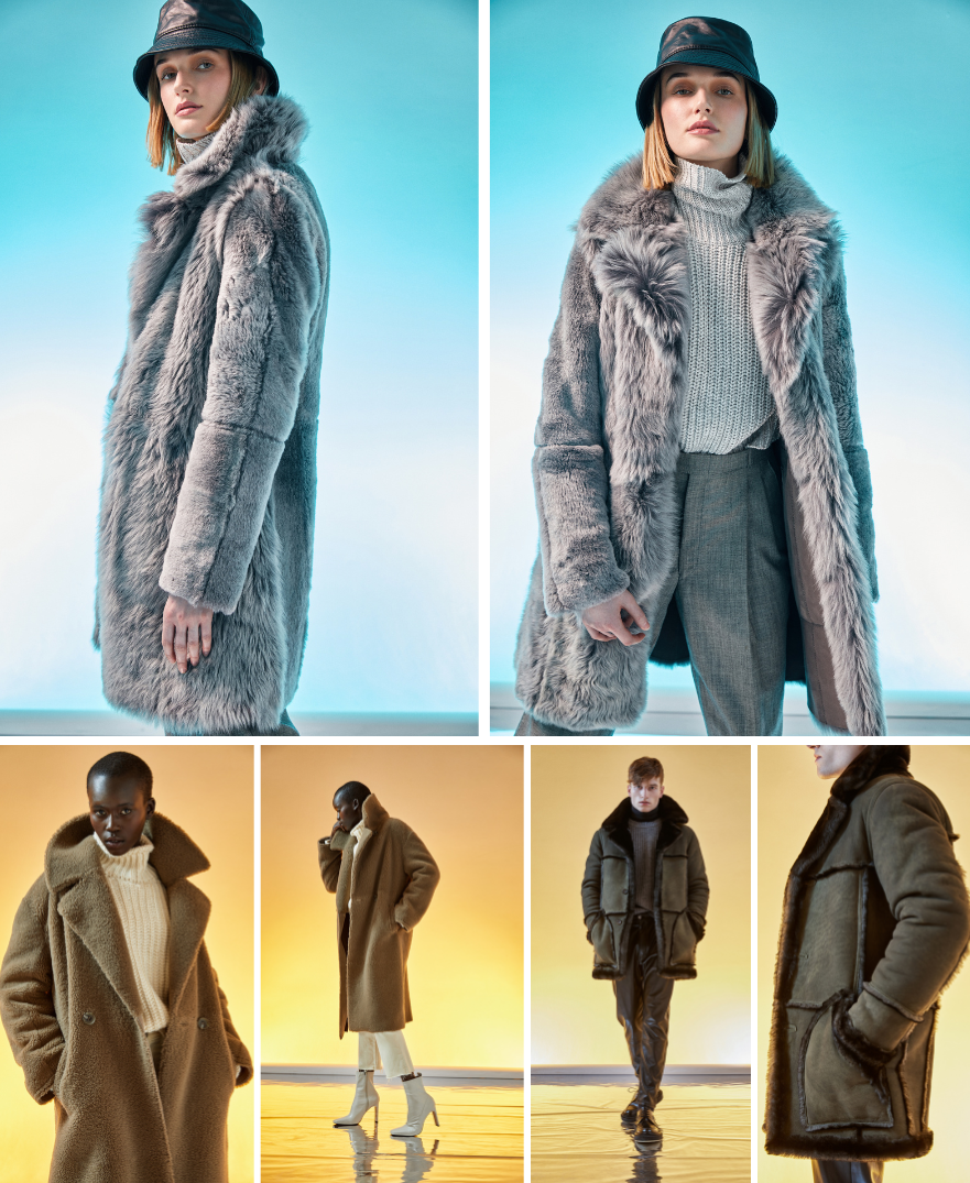 From top to bottom, left to right; Gipsi: Reversible notched collar suede coat Regular shoulder Zip pockets on skin side, reverses to invisible slash pockets on teddy side. Zira: notched collar coat. Rebel: Reversible suede medium length coat Contrast ironed wool seam detail Notch lapel Interior zipper pockets Fits true to size. 