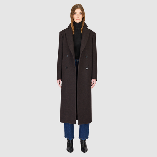 The KENNEDY Brown Herringbone Wool Coat delivers timeless tailoring in a superfine Italian wool blend. Its double-breasted silhouette is structured through the shoulders and arms with relaxed ease through the torso, creating a refined, modern fit. A classic spread collar and back vent enhance the polished silhouette, while subtle welt pockets add functional elegance. Designed for versatile wear, KENNEDY is a luxurious staple for any sophisticated outerwear collection.