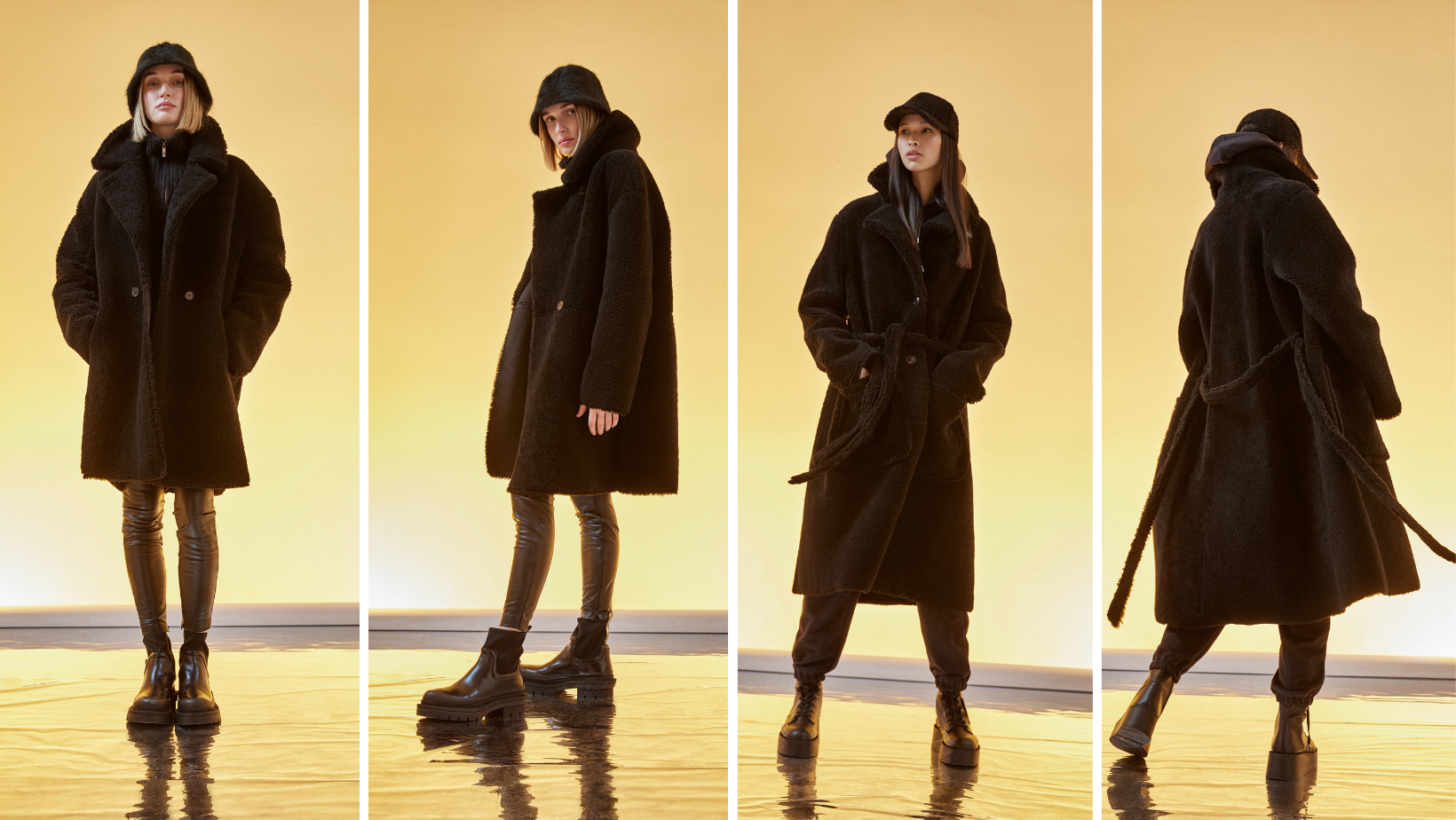From left to right; Gyro: Relaxed medium length nappa moto Removable button hood Curly wool collar and trims Drop shoulder Asymmetrical zip closure Interior zip pockets. Freed: This notched collar coat is a fashionable layer for those cold days. Crafted from Spanish shearling this coat dresses you for days or evenings elegantly sheltering you from the cold with head-to-toe protection.