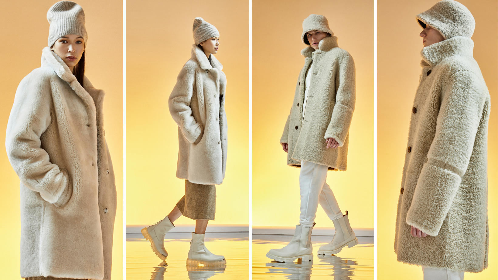 From left to right; Moody: This three-quarter length genuine shearling jacket will become your go-to layer for cold-weather. Keep warm with plush this plush genuine shearling sheepskin and add a layer of visibly soft impact to your look. Johntey: Wool out medium length coat Regular fit Single breasted Stand collar with short lapel Interior zip pocket.