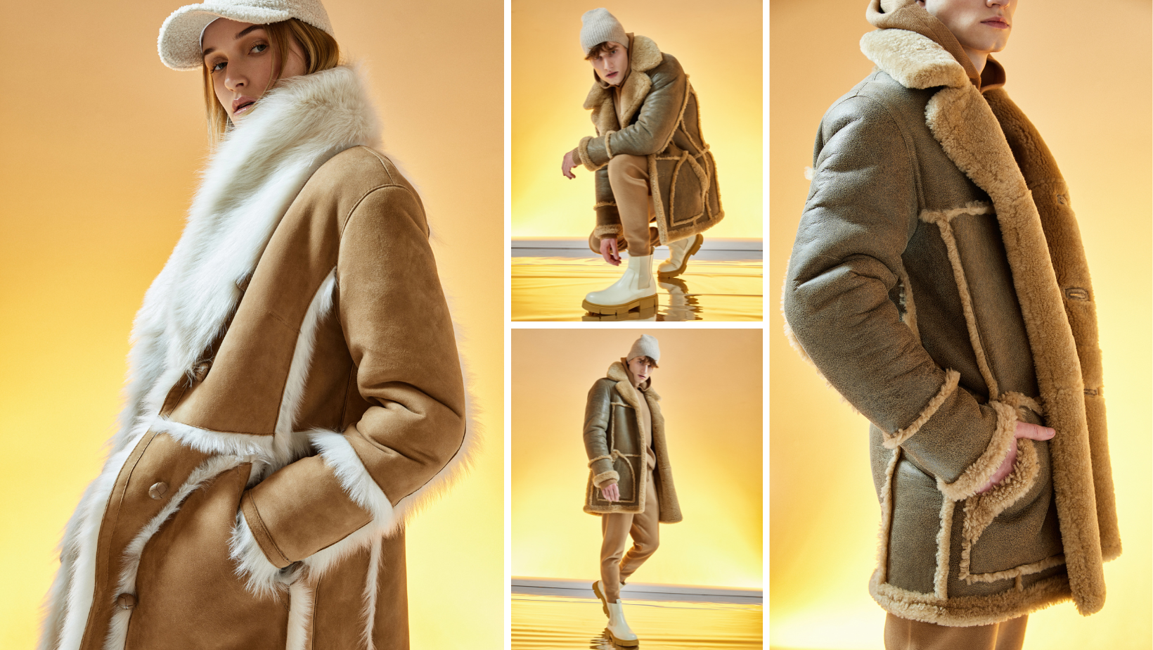From left to right; Comet: Made from plush, insulating sheepskin, this button-front coat with fur-out trim keeps you cozy all winter long. Front patch pockets finish the design of this comfortable coat. Ralph: Nappa with curly wool Notch lapel Straight cut through the torso Reversible Buttoned placket Interior zip pocket Regular fit, . Comfortable fit in the shoulders and chest, straight cut through the torso when worn wool in.