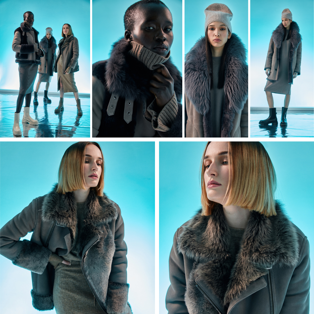 From top to bottom,left to right; Soul: suede moto Wool cuff & collar with buckle Asymmetrical zip.Alice: 33" Nappa exterior, reverses to Toscana. Button front, slip pockets. Evie: asymmetrical zip closure and waterfall collar. zip pockets, buckle detail. Soul:suede moto Wool cuff & collar with buckle Asymmetrical zip Alice: 33" Nappa exterior, reverses to Toscana. Button front, slip pockets. Evie: asymmetrical zip closure and waterfall collar. zip pockets, double buckle detail.