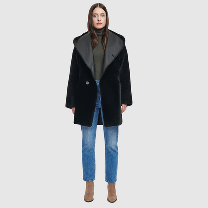 Reversible nappa oversized coat Reverses to ironed wool Oversized hood, converts to shawl collar Raw edge finish Drop shoulder Pull through pockets