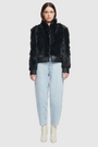 Cropped toscana wool bomber Oversized shoulders Stand collar  Fully lined Slash side pockets Hook closure