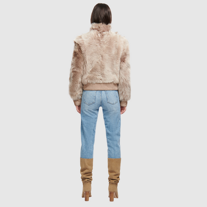 Cropped toscana wool bomber Oversized shoulders Stand collar  Fully lined Slash side pockets Hook closure