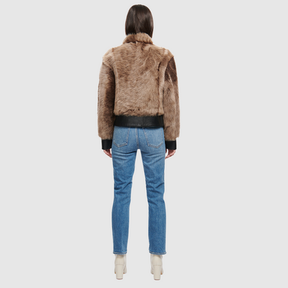 Cropped toscana wool bomber Oversized shoulders Stand collar Nappa detailing at hem and cuff Fully lined Slash side pockets Hook closure