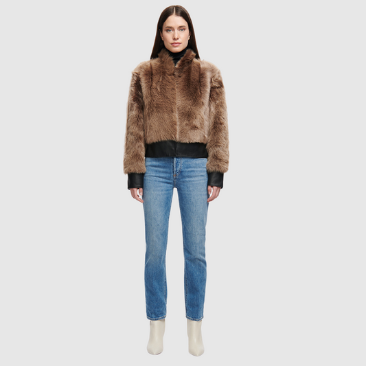 Cropped toscana wool bomber Oversized shoulders Stand collar Nappa detailing at hem and cuff Fully lined Slash side pockets Hook closure