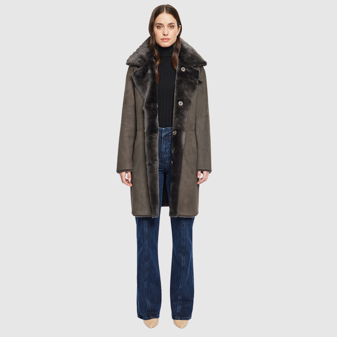 Reversible suede men's inspired coat Reverses to iron wool teddy Drop shoulder Relaxed fit through shoulders, arms and torso Oversized notch collar Buckle detail on collar Raw edge hem Single welt side pockets on suede side Slash side pockets on iron wool side 4 button closure