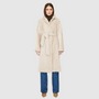 Knee length mouton teddy wool coat Fitted a-line silhouette Notch collar Center front three button closure with tie wrap Slash pockets Fully lined