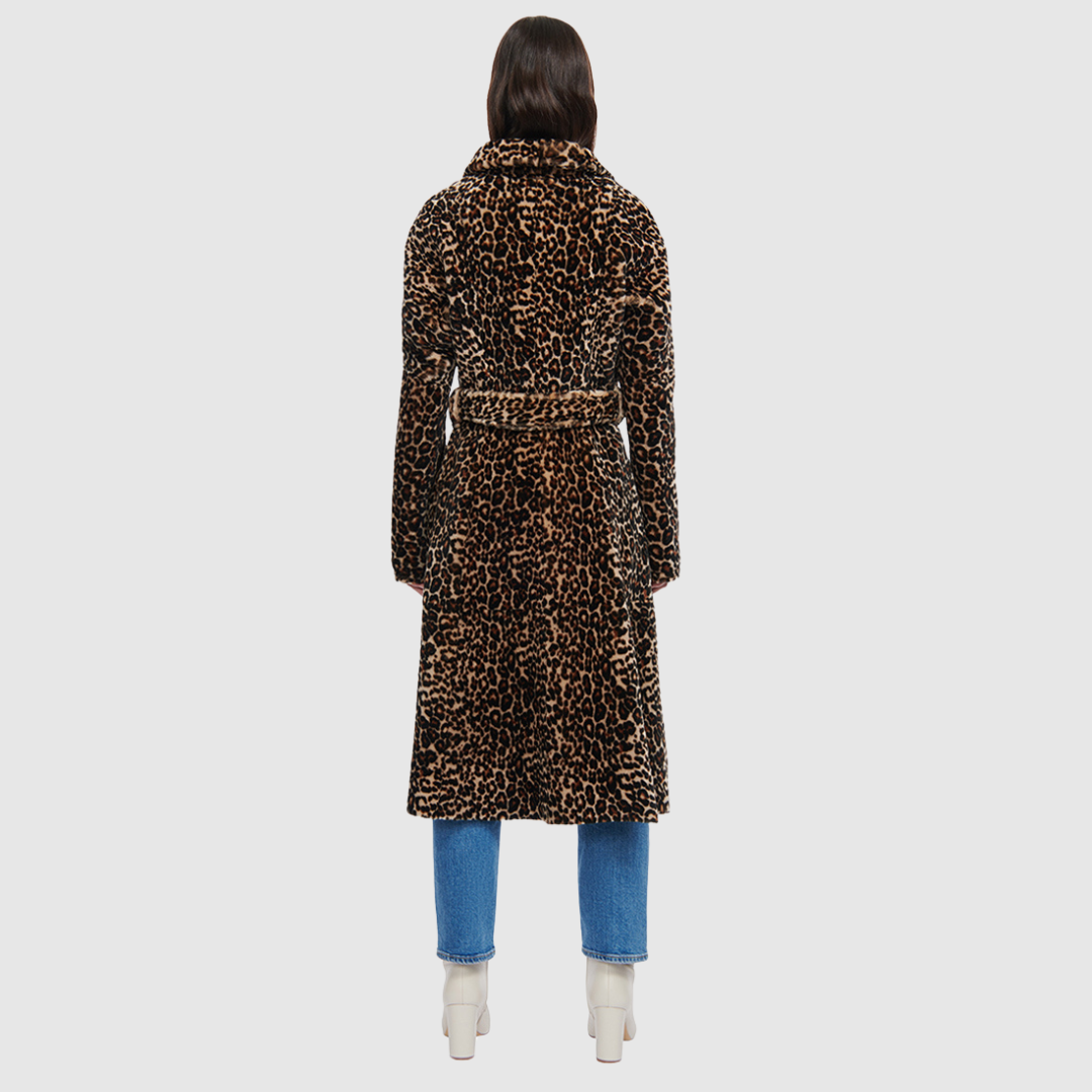 Knee length leopard print mouton wool coat Fitted a-line silhouette Notch collar Center front three button closure with tie wrap Slash pockets Fully lined